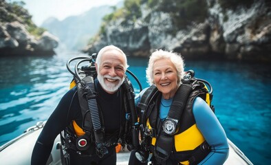 Smiling senior Caucasian couple in scuba gear, ready for an underwater adventure.