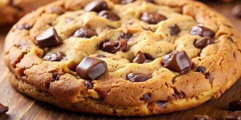 A mouthwatering chocolate chip cookie is shown in a close-up shot, its crispy edges and soft center revealing the flavors of butter, sugar, and rich cocoa , baked goods, tasty snack
