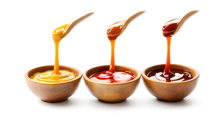 Sepia, mustard, and ketchup sauces pouring from three bowls, isolated on a white background. Photorealistic stock photography, studio shot. 