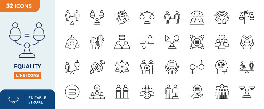 Equality Icons set. Containing diversity, inclusion, gender, and more icons. Vector illustration. Editable stroke