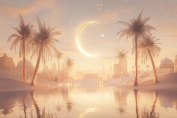 Crescent Moon and Star Illuminate the Peaceful Oasis Beneath Palm Trees in a Still Desert at Night