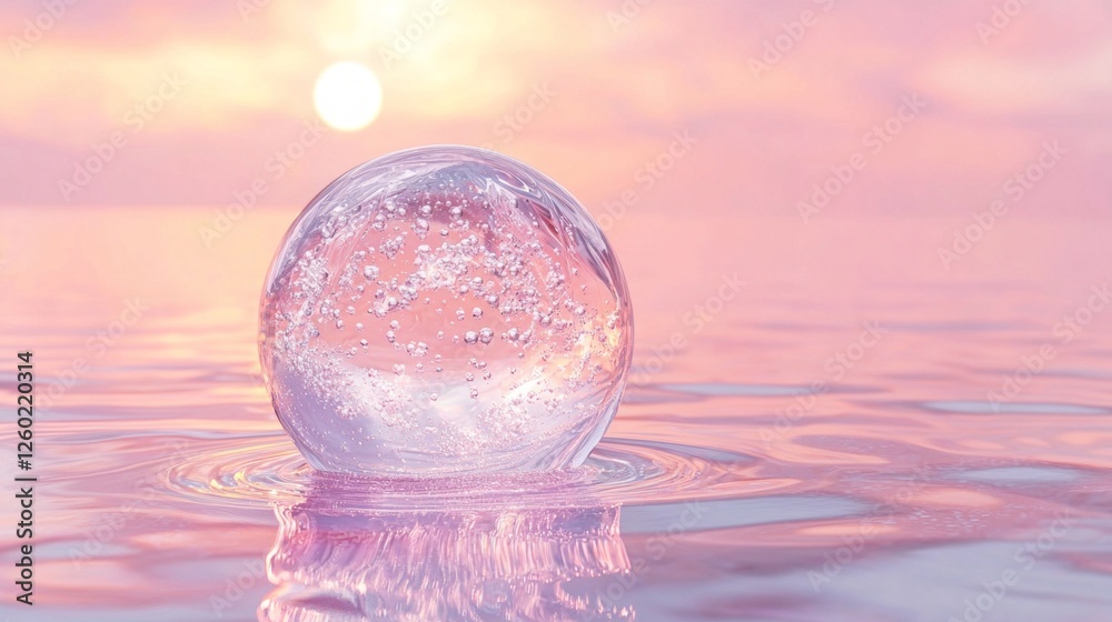 Aufkleber A captivating bubble molecule floats on a calm water surface during twilight, capturing the soft hues of dusk. The ambient light creates a mesmerizing interplay of reflections and serenity