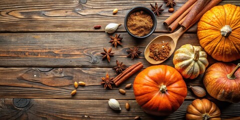 A vertically shot arrangement of various DIY ingredients for pumpkin spice such as cinnamon sticks, nutmeg, ginger, cloves and allspice on a rustic wooden table, harvest, wooden table