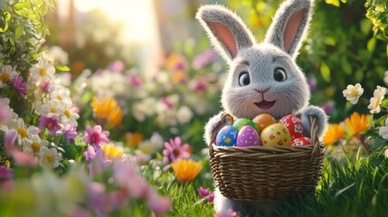 Easter. Charming Easter bunny holds a wicker basket full of brightly colored eggs, spring flowers, sunny day