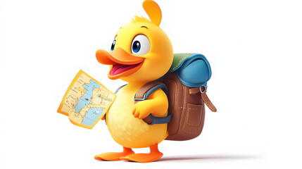 Adorable Yellow Duck with a Backpack and Map