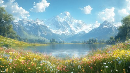 Obraz premium Mountain lake meadow blooms sunny day