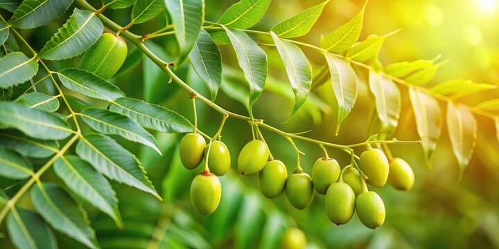 Fresh neem fruit on tree with leaf on nature background, lush, tropical,  lush, tropical, nature, outdoor, vegetation, tree