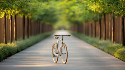 Fototapeta premium bicycle on tree lined path, surrounded by greenery and sunlight, creates serene atmosphere for outdoor activities