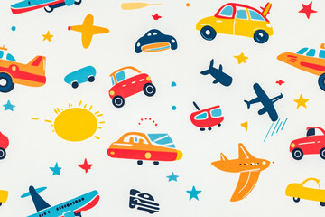 Bright pattern with cars and planes on a white background for children's clothing and textiles, textures, patterns