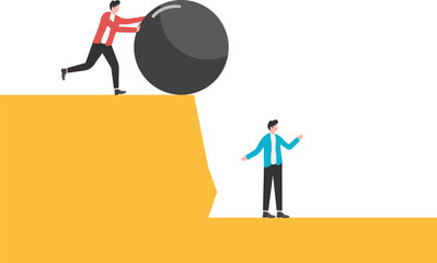 Fototapeta premium Business concept illustration of a businessman trying to eliminate other businessman with big rock