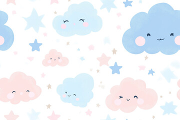 Cute children's pattern with clouds and stars in soft pastel shades of blue and pink, textures, patterns