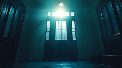 Dark hallway, door light, mysterious entryway, suspenseful scene, film noir