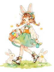 Cute girl character holding Easter eggs and basket, watercolor illustration, Generative AI