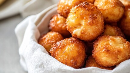 A macro shot of monkey bread&rsquo;s crispy edges and melted cheese pockets, sitting on a simple white linen napkin