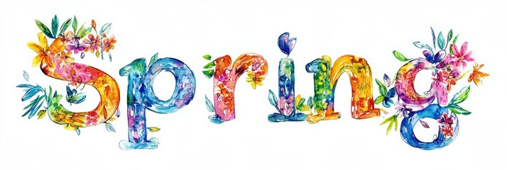 le**: Close-Up of the Word "Spring" Created from Colorful Watercolor Strokes and Floral Accents, on a White Background, Perfect for Posters, Wall Art, and Seasonal Designs, with Copy Space.
