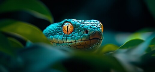 Green viper head rainforest closeup, nature background, wildlife
