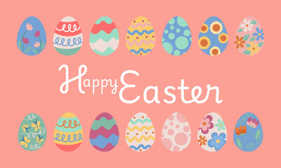 Happy easter greeting card with decorated eggs and flowers celebrating the holiday