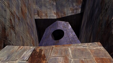 Mysterious purple structure powerfully dominates dark wooden setting. AI Generated