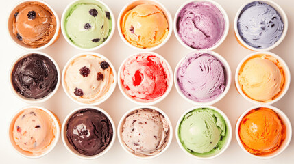 Fototapeta premium Variety of colorful ice cream scoops in separate cups arranged in a neat grid on a white background. Generative AI