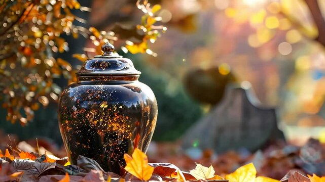 Ceramic Urn Among Autumn Leaves in a Cemetery Setting
