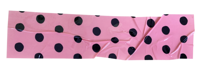 Crumpled torn pieces of pink background with black polka dots wrinkled texture packing tape, adhesive sealing tape, sticky torn plastic on transparent background	