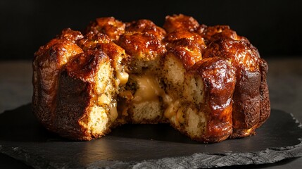 A rustic loaf of herb and cheese monkey bread, torn apart to reveal its fluffy inside, placed on a dark slate surface