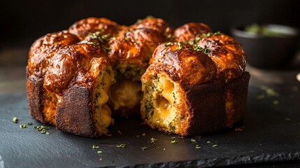 A rustic loaf of herb and cheese monkey bread, torn apart to reveal its fluffy inside, placed on a dark slate surface