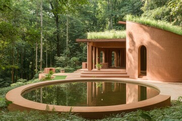 Eco-church With Adobe Walls and Green Roof Nestled in Serene Forest Clearing Reflecting in Tranquil Pond