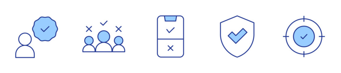 questionnaire, shield, accuracy, guarantee, candidate. Checkmark Icon vector illustration. Line Duotone style. Editable stroke
