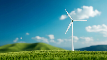 Fototapeta premium Wind turbine in a green landscape under blue sky.