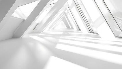 Obraz premium Modern white architecture interior, sunlight, geometric design, spacious hallway, architectural visualization