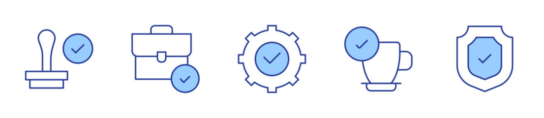 stamp, suitcase, check, coffee, protection. Checkmark Icon vector illustration. Line Duotone style. Editable stroke
