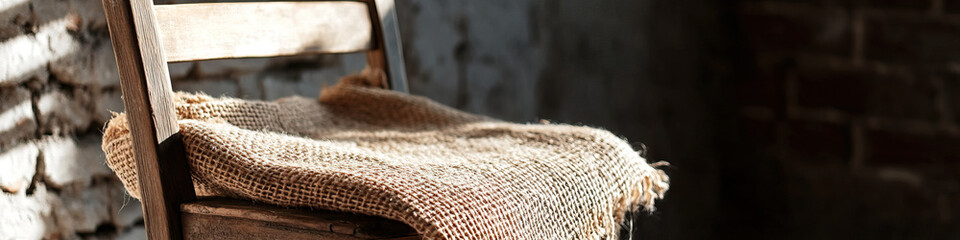 Burlap Cloth on Wooden Chair Against Brick Wall