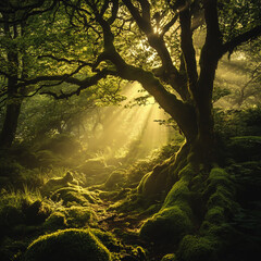A mystical fog rolling through an ancient forest, soft sunlight piercing through the mist, highlighting the vibrant green moss-covered trees