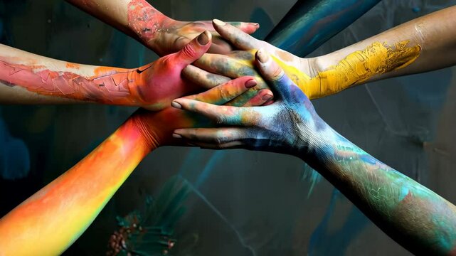 Various hands covered in vibrant paint colors come together, symbolizing teamwork and creativity in a shared artistic endeavor.