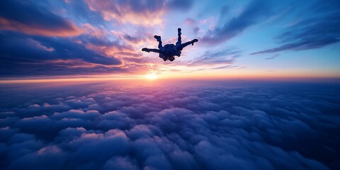 Skydiver falling above clouds sunset. Adventure extreme sports background