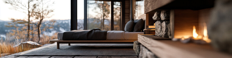 Modern Bedroom Interior with Platform Bed and Stone Fireplace