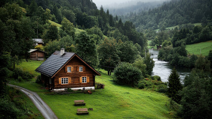 Fototapeta premium serene wooden cabin nestled in lush greenery by river, surrounded by mountains and trees, creating peaceful retreat in nature