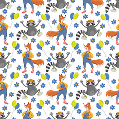 Pattern with cartoon cute animals on white