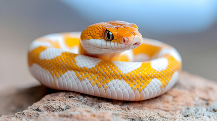 Obraz premium Orange snake coiled on rock, blurred background, reptile closeup, wildlife photography