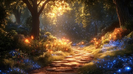 Magical forest path bathed in golden sunlight, glowing flowers and fireflies