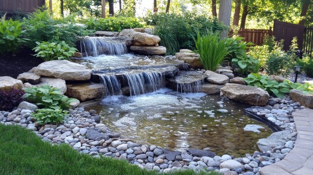 Backyard tiered waterfall landscaping