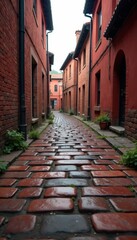 Fototapeta premium Deep red brick pavement, centuries of history visible, building material, masonry