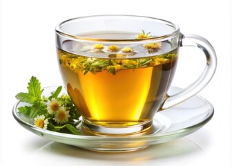 herbal Tea with Flowers in Glass Cup isolated on white background-A top-down view of chamomile tea with fresh flowers floating in the clear liquid, served in a glass cup.

