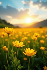 Fototapeta premium Golden hour, blooming buttercups, vast clear area, sunshine, bright