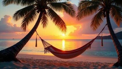Hammock sways gently between palm trees at sunset Paradise island tranquility , hammock, ocean