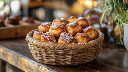 A woven bread basket filled with warm monkey bread bites, served on a distressed wooden counter