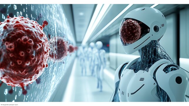 Cybernetic Robot Analyzing Viral Threat: Futuristic Sci-Fi Artwork