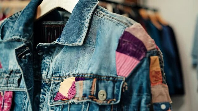 A patchwork denim jacket made from upcycled vintage fabrics with bright accents and patterns. A recycled clothing design close-up.