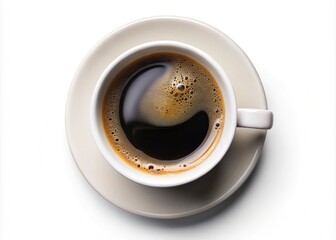 Black Tea in Ceramic Cup with Saucer isolated on white background-A top-down view of a dark black tea in a ceramic cup with a matching saucer, on a white background.